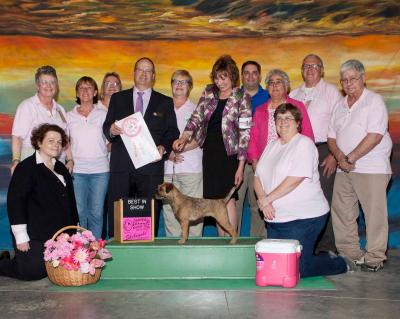 2014 Best In Show winner shown with CIKC members and Senator Chapin Rose (back row) who presented the Best In Show ribbon.  This was our 4th "Purebreds In The Pink" Cancer Awareness Show.